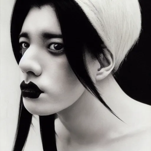 Prompt: A young woman with black and white hair looking disgusted away from the camera, Portrait by Noriyoshi Ohrai