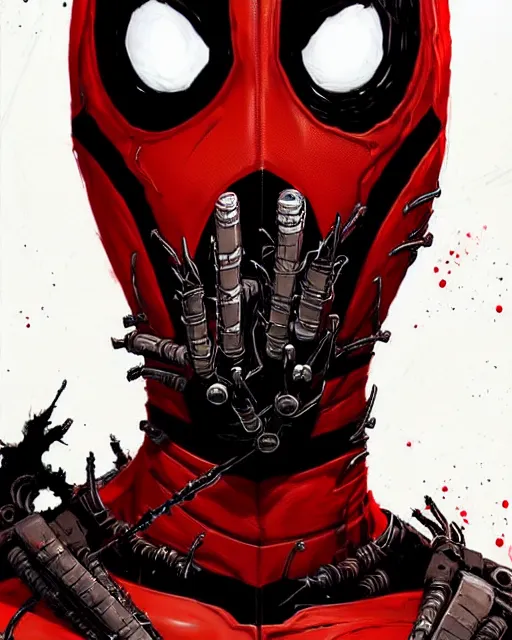 Image similar to highly detailed closeup portrait of a cyborg carnage symbiote in deadpool suit with carnages face, by greg rutkowski, by greg tocchini, by james gilleard, by kaethe butcher, gradient in red, black, crimson and grey color scheme,'grunge aesthetic '!!!