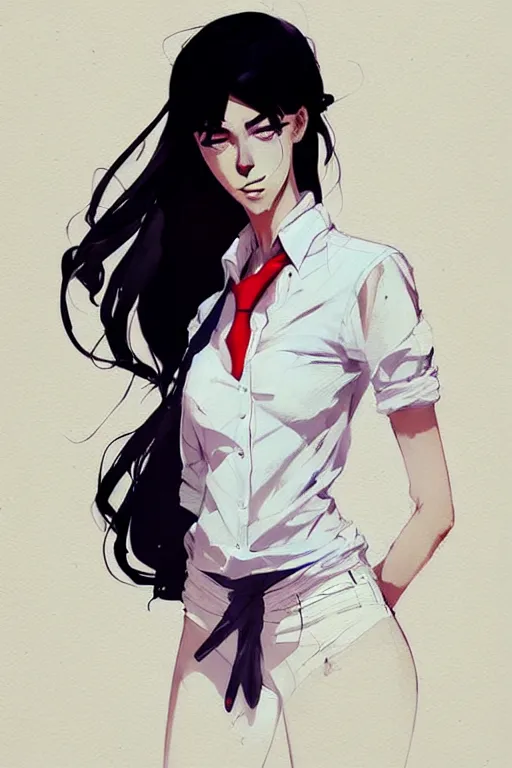 Image similar to a ultradetailed full body portrait of a woman dressed in a white shirt with a tie, by conrad roset, greg rutkowski and makoto shinkai trending on artstation