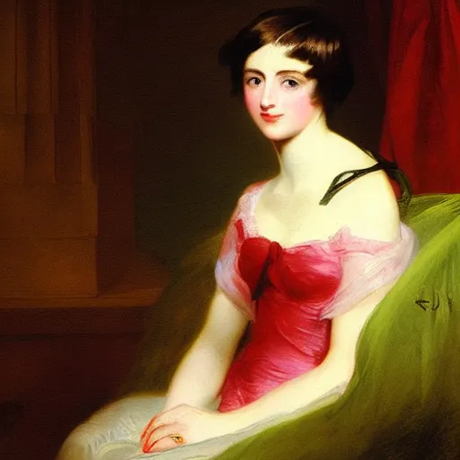 Image similar to Romanticism painting of a young woman with short hair painted in 1803 by Sir Thomas Lawrence