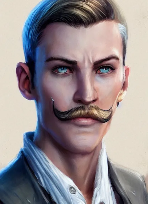 Image similar to young man with short white combover hair and moustache, dndbeyond, bright, colourful, realistic, dnd character portrait, full body, pathfinder, pinterest, art by ralph horsley, dnd, rpg, lotr game design fanart by concept art, behance hd, artstation, deviantart, hdr render in unreal engine 5