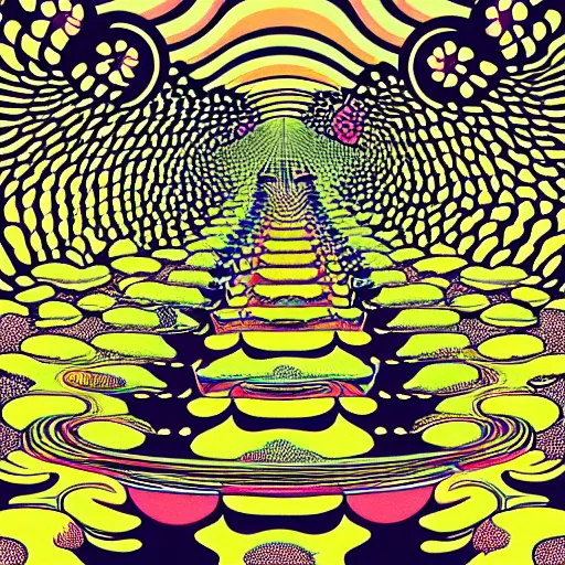 Image similar to what blind people see on a psychedelic trip, flat design, screen print by kawase Hasui and Dan hillier, 8k, artstation