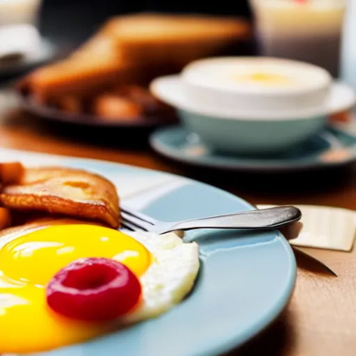 Prompt: photo close - up of breakfast, low saturation