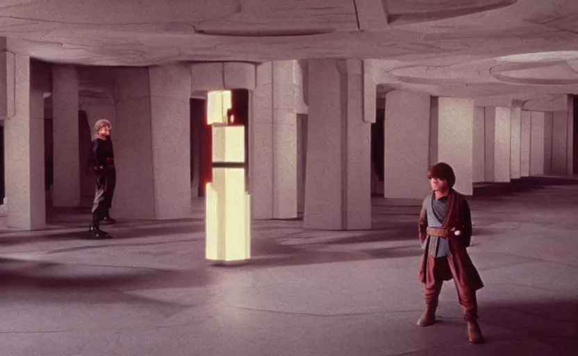 Image similar to screenshot of master Luke Skywalker alone in a a Jedi Temple, objects floating around him, iconic scene from the 1970s thriller directed by Stanely Kubrick film, color kodak, ektochrome, anamorphic lenses, detailed faces, moody cinematography