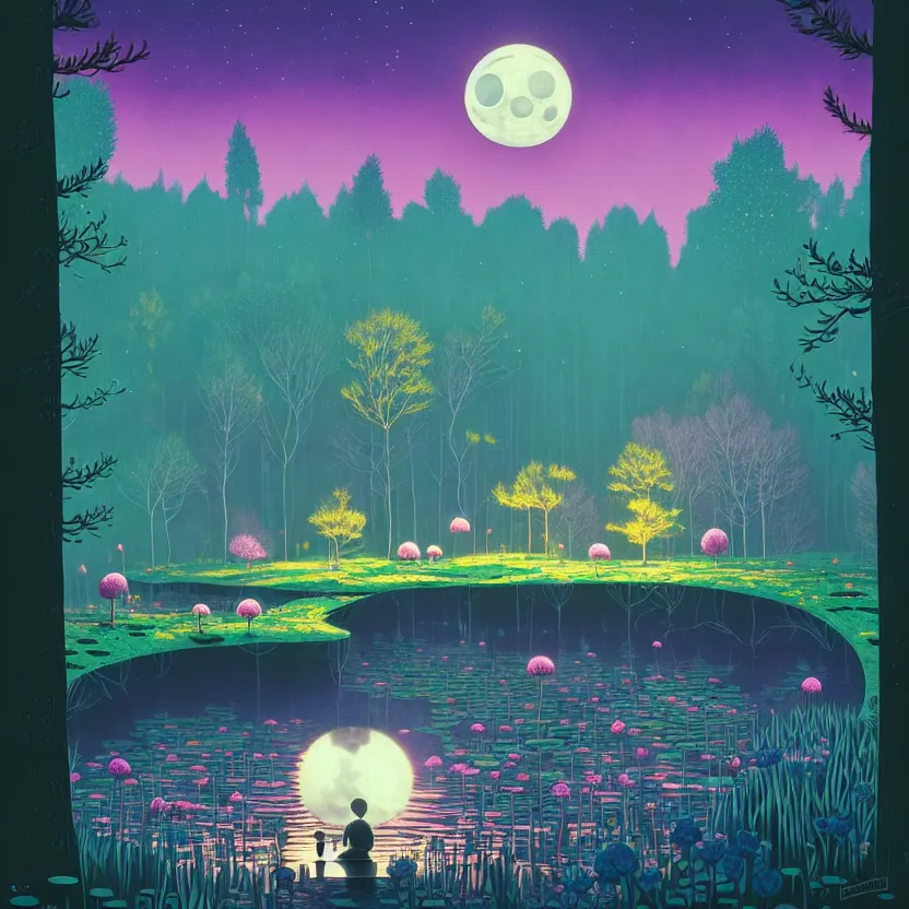 Image similar to ( ( ( gediminas pranckevicius ) ) ), a pond in the forest, moonlight, flower garden summer morning, very coherent and colorful high contrast art by simon stalenhag james gilleard floralpunk screen printing woodblock, dark shadows, pastel color, hard lighting