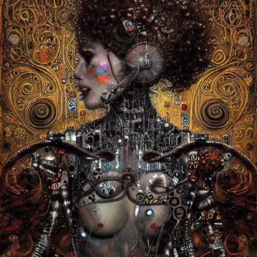 Image similar to cybernetic demon, circuitry, intricate detail, klimt, royo,