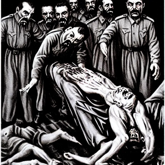 Prompt: orthodox horror icon of stalin being tortured in hell