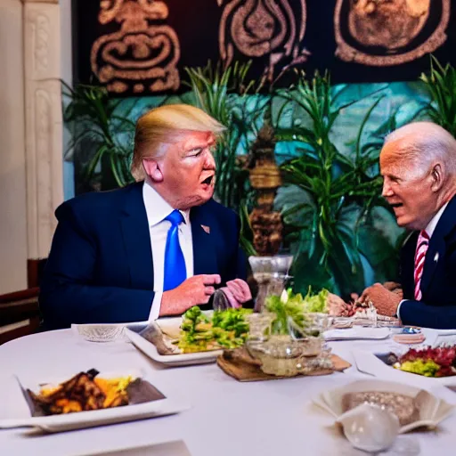 Prompt: Trump and Biden having dinner at a fancy Balinese restaurant, award winning photography, 85mm, perfect faces