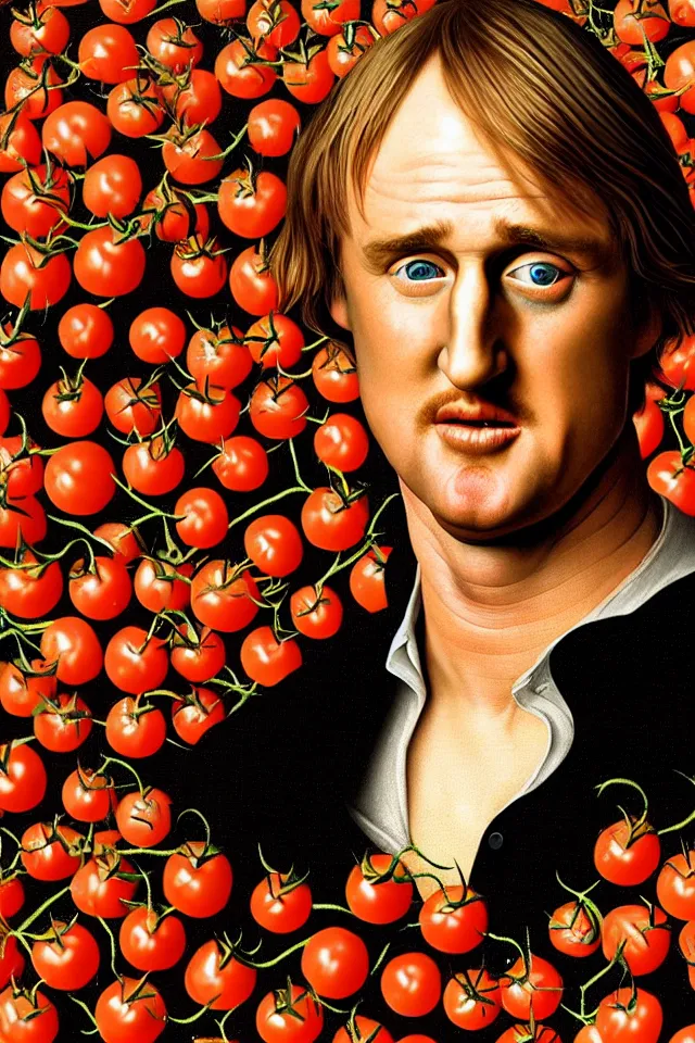 Image similar to bizarre renaissance portrait of owen wilson in a sea of thousands of highly detailed tomatos, dramatic cinematic lighting, 8 k, beautiful intricate pop - art painting