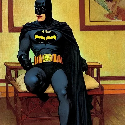 Prompt: a picture of batman sitting in a therapists office, 4 k, ultra detailed, luminist style, by alphonse mucha and william - adolphe bouguereau and john william waterhouse