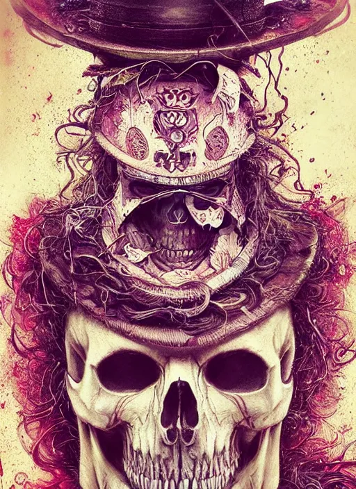 Prompt: mad hatter, polynesian god, half skull half face, highly detailed, cinematic, 8 k, by megan duncanson, benjamin lacombe, adrian borda, stanley artgermm, tom bagshaw, craig mullins, carne griffiths, ayami kojima, beksinski, giger, trending on deviantart, hyper detailed, horror, full of colour