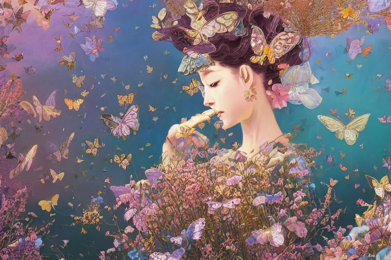 Prompt: a beautiful pastel painting of butterflies, flowers, gilded gold, octane renders, ultrawide angle, by victo ngai, jen yoon, geof darrow, peter mohrbacher, johfra bosschart, thomas kinkade, miho hirano, hd, pastel color scheme