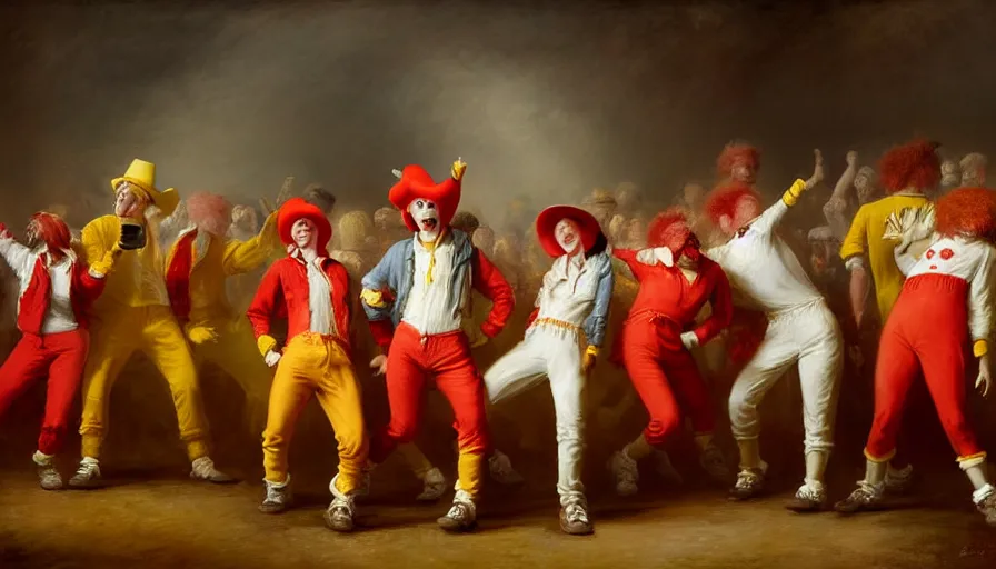 Image similar to highly detailed painting of a group of ronald mcdonalds with red afros, white facepaint, red noses and yellow tracksuits line dancing at a hoedown by william turner, by greg rutkowski, by william constable, thick brush strokes and visible paint layers, 4 k resolution