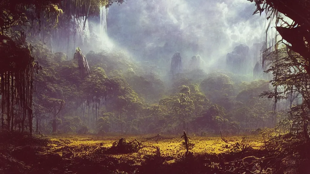 Image similar to emissary space by arthur haas and bruce pennington and john schoenherr, cinematic matte painting, photo realism, dark color palate, lush jungle