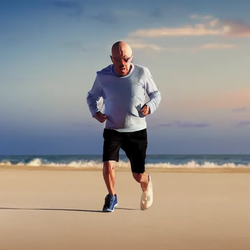 Prompt: Walter White running on the beach, artistic, 8k, cinematic, accurate, symetric, face, dramatic lighting, pastel colours