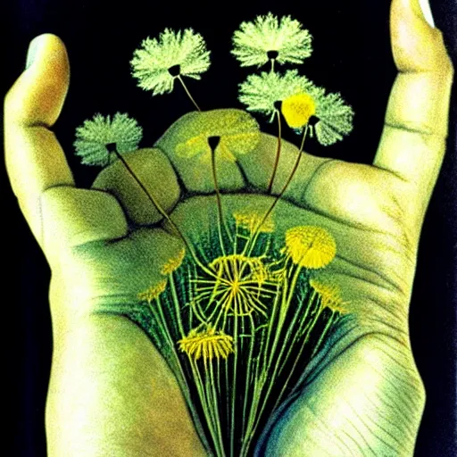 Image similar to a hand with dandelions growing out of it, by salvador dali