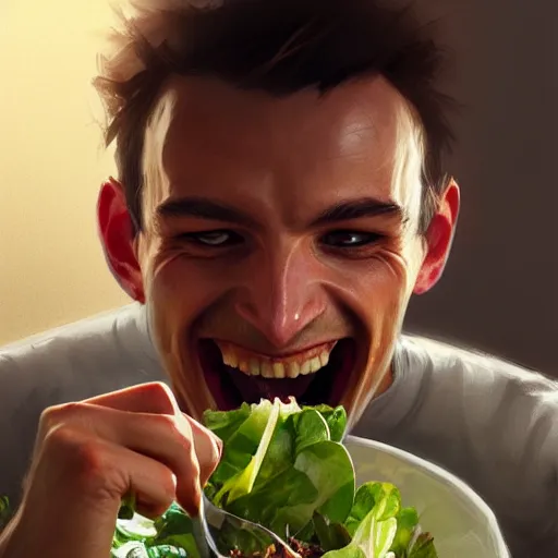 Prompt: an illustration of a young man eating salad and laughing,hyperdetailed,detailed face,art by greg rutkowski,trevor henderson,artstation,deviantart