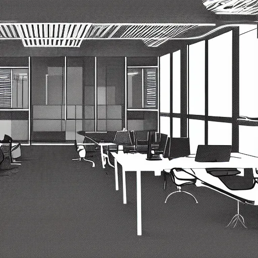 Prompt: a line drawing of an office with chairs and desks, a computer rendering by senior environment artist, polycount, bauhaus, matte drawing, ambient occlusion, global illumination