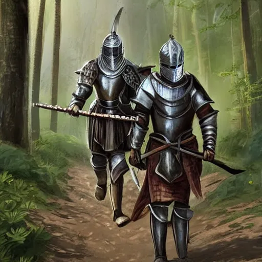 Prompt: Knight Theo is all in iron armor and his squire, who only has a spear and a huge bag of supplies, are walking along a forest path. Beautiful style, very detailed