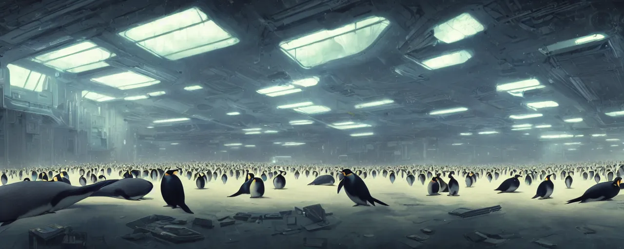 Image similar to duotone concept illustration wide angle of many emperor penguins in scifi computers room. cinematic scene. volumetric lighting. golden ratio accidental renaissance. by sachin teng and sergey kolesov and ruan jia and heng z. graffiti art, scifi, fantasy, hyper detailed. octane render. concept art. trending on artstation