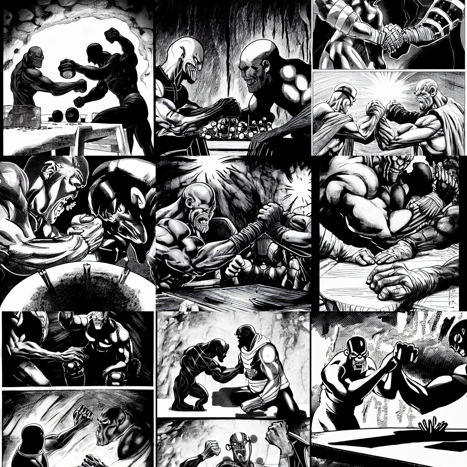 Prompt: black and white thanos plays arm wrestling with the thanos at a broken table in a cave, by tsutomu nihei, cimematic, comic, black and white, old cave with slime and wires background