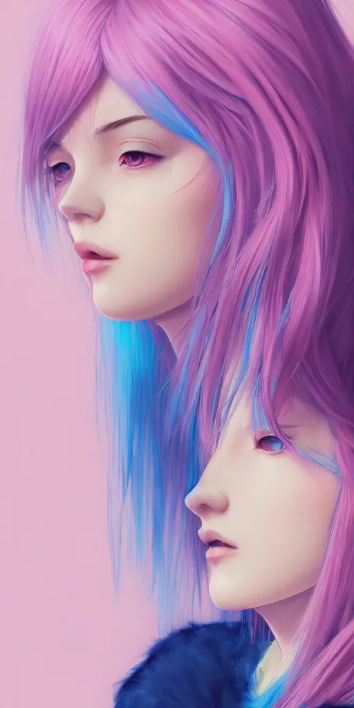 Prompt: a singular beautiful girl with pink and blue dyed hair, realistic female portrait, highly detailed, by ilya kuvshinov, makoto shinkai, photorealistic