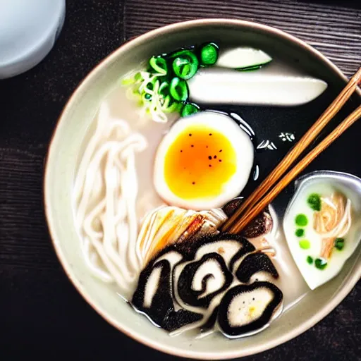 Image similar to A top view of a tonkotsu ramen next to a window on a rainy day