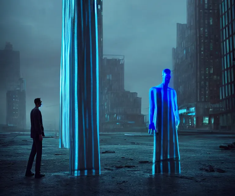 Prompt: tall man consisting of blue translucent shiny material and steel stripes, standing in ruins in the evening. extremely high details, solo, masterpiece, photorealistic, hyperrealism, cinematic, fantasy, octane render, volumetric lighting, depth of field, bokeh, cgsociety by ed binkley, johannen voss, dragan bibin