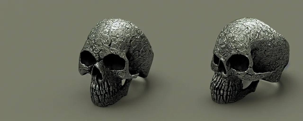 Image similar to simple ring with a skull, ring, skull, black, green mist emanates, magic, poison, smooth shank, crystals, engravings, product design, jewelry, art by gerald brom, greg rutkowski and artgerm and james jean and zdzisław beksinski, 8 k, unreal engine, c 4 d