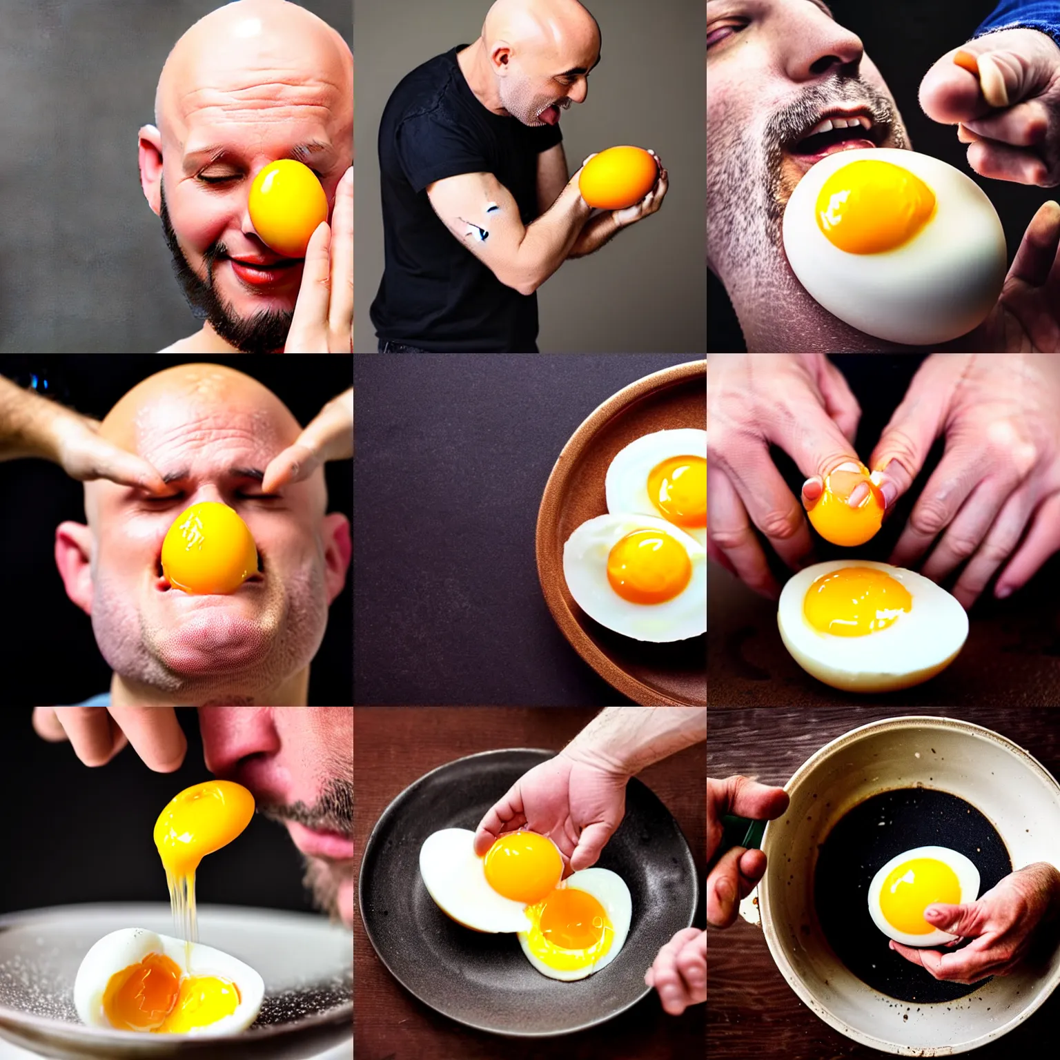 Prompt: beautiful photograph of a bald man breaking open a head to find glistening yolk within