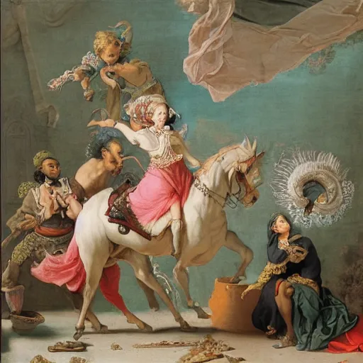 Image similar to saudi arabia in the style and the language of Rococo, reimagining the dynamism of works by eighteenth-century artists such as Giovanni Battista Tiepolo, François Boucher, Nicolas Lancret and Jean-Antoine Watteau through a filter of contemporary cultural references including film, food and consumerism