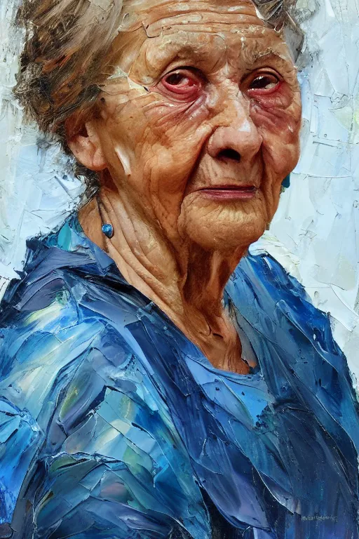 Prompt: palette knife oil painting portrait of rosina leckermaul, an elderly woman who is in a deep state of depression, extreme detail, artstation trending, grandma, blue, artgerm, any racial background, deviant art, octane, substance, art history 8 k