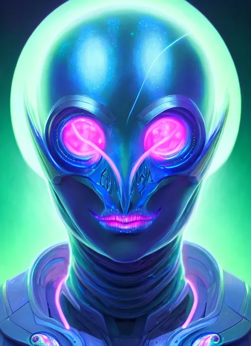 Image similar to a machine alien faceless glowing liquefied stardust adventurer, dnd fantasy character, full body portrait, glowing neon skin, magical aura, ultra realistic, intricate, elegant, highly detailed, digital painting, artstation, smooth, sharp, focus, illustration, art by artgerm and greg rutkowski and alphonse mucha and dan mumford, sacred geometry