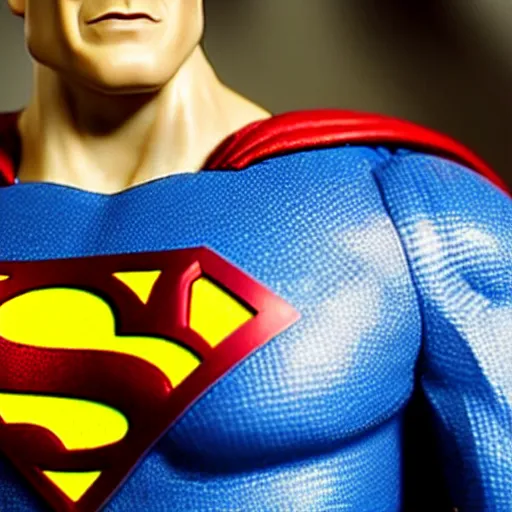 Prompt: A close-up of an extremely detailed action figure of Superman if he actually looked like a martian