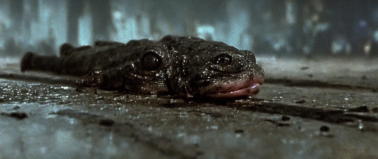 Image similar to Close up of a happy Lepidobatrachus laevis sitting on the floor and facing the camera in a still from the movie Blade Runner (1982), high quality, rain, rain drops, cold neon lighting, 4k, night, award winning photo, beautiful, cute