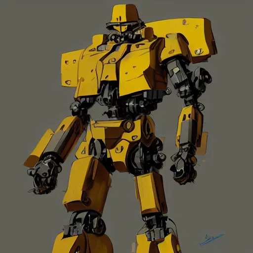 Prompt: yellow mecha with flat flat flat head and big sword and shield, spotlight in middle of face, Keetongu Bionicle, by Greg Rutkowski