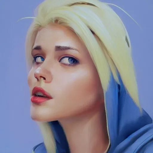 Image similar to greg manchess portrait of a beautiful girl with blonde hair, wearing a blue hoodie, as an overwatch character, medium shot, asymmetrical, cinematic lighting, sharp shadows, profile picture, organic painting, matte painting, bold shapes, hard edges, street art, trending on artstation, by huang guangjian and gil elvgren and sachin teng