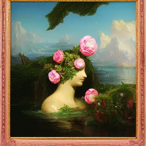 Image similar to Thomas Cole, Thomas Cole, award winning masterpiece with incredible details, Thomas Cole, a surreal vaporwave vaporwave vaporwave vaporwave vaporwave painting by Thomas Cole of an old pink mannequin head with flowers growing out, sinking underwater, highly detailed Thomas Cole