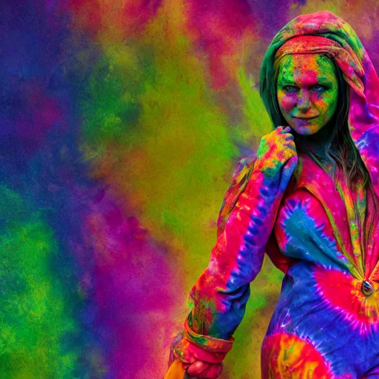 Prompt: octane render portrait by wayne barlow and carlo crivelli and glenn fabry, a beautiful symmetrical woman wearing a skintight bright colorful tie - dye bedsheet costume, inside an incredible colorful holi celebration, backlit, dramatic lighting, fog and mist, cinema 4 d, ray traced lighting, very short depth of field, bokeh