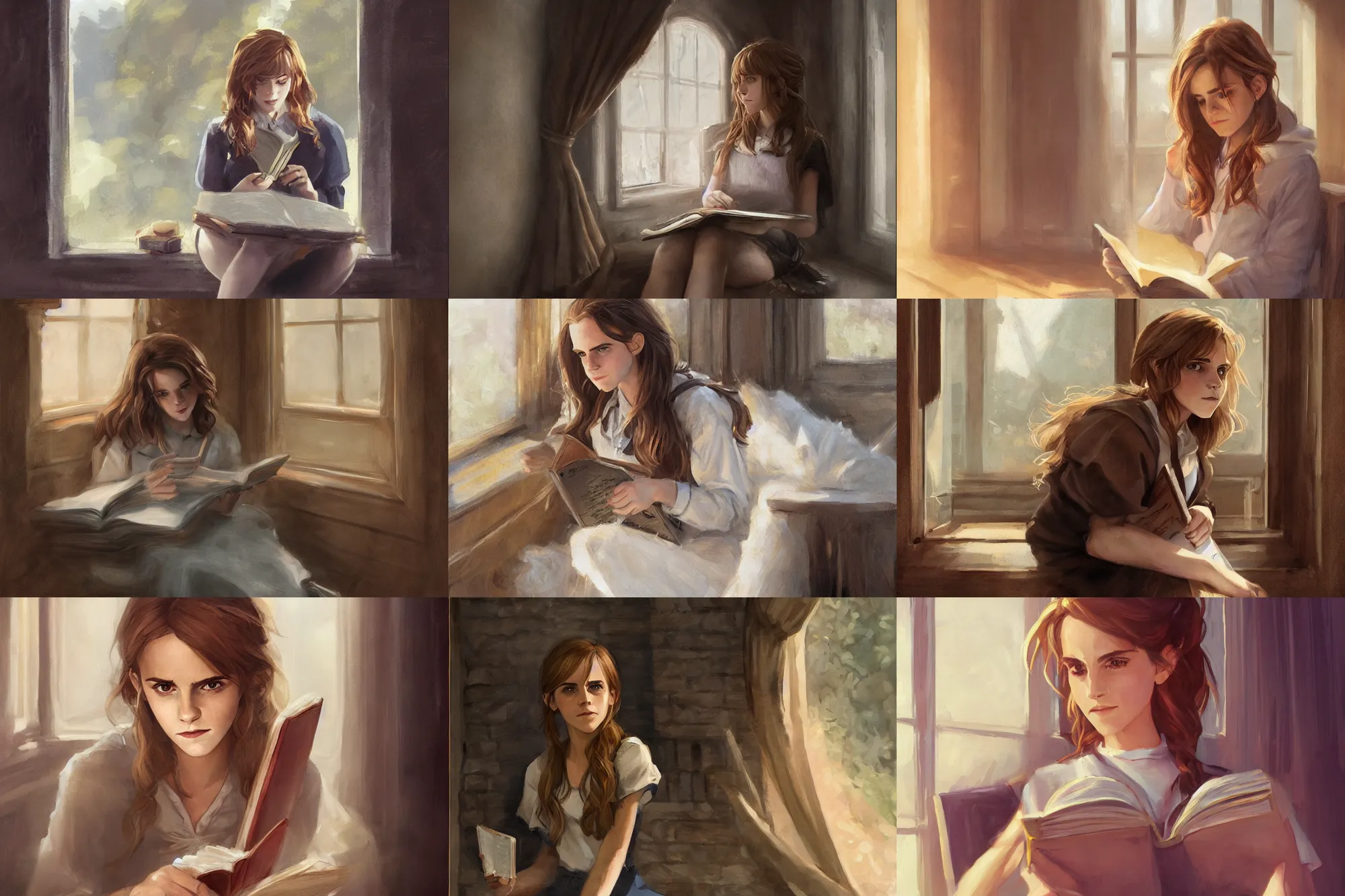 Prompt: portrait of Emma Watson as Hermione Granger sitting next to a window reading a book, focused expression, face focus, golden hour, art by Kenne Gregoire and Krenz Cushart, trending on artstation