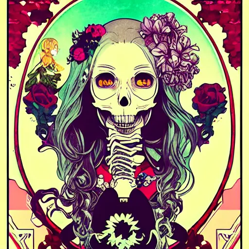 Image similar to anime manga skull portrait girl female skeleton illustration 80s vaporwave detailed patterns art Geof Darrow and Ashley wood and Ilya repin and alphonse mucha pop art nouveau