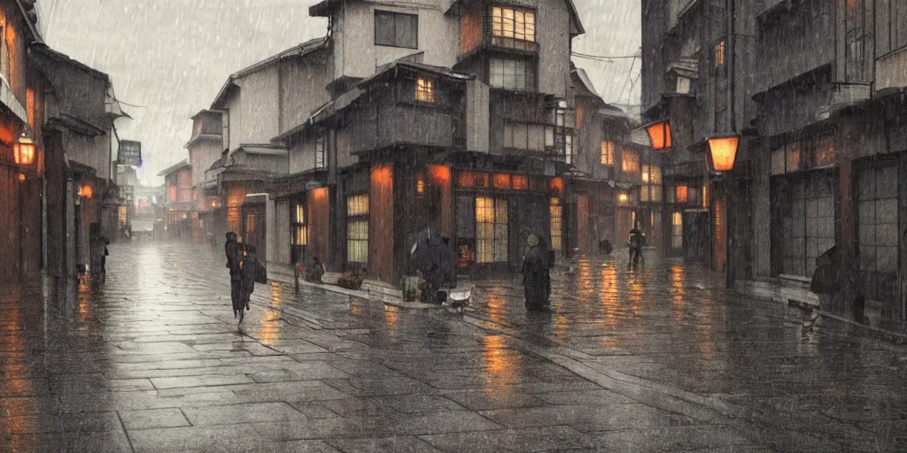 Image similar to a typical japanese city street in the rain, vermeer painting, dark academia aesthetic, matte painting, photorealistic, grey overcast day