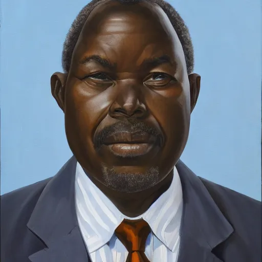 Image similar to a painting of a round face, XXL , smirky, fatherly, loving, caring, generous, ever-present, humble, wise elder from Kenya in a suit by Kehinde Wiley . Fatherly/daddy, focused, loving, leader, relaxed,. ethereal lights, details, smooth, sharp focus, illustration, realistic, cinematic, artstation, award winning, rgb , unreal engine, octane render, cinematic light, macro, depth of field, blur, red light and clouds from the back, highly detailed epic cinematic concept art CG render made in Maya, Blender and Photoshop, octane render, excellent composition, dynamic dramatic cinematic lighting, aesthetic, very inspirational, arthouse.