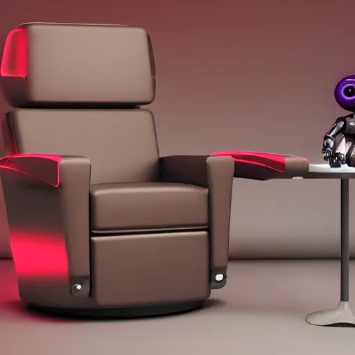 Image similar to futuristic studious matte brown and red and chrome full-body humanoid robot with two huge round expressive sad purple glowing LED eyes and open rectangular mouth sitting on a large comfortable cushioned 1950s vintage recliner reading a newspaper. open newspaper. Cinematic Movie Photograph, Arri Alexa, Extremely Detailed, smooth, very very clean, 8K, octane render, maya render, unreal engine, trending on artstation, DSLR, excellent composition, center frame