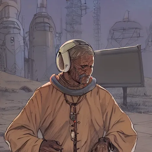 Image similar to Hosea the Beggar priest with cyberpunk headset in busy spaceport on luna 5 colony. Gritty Concept art by James Gurney and Mœbius.