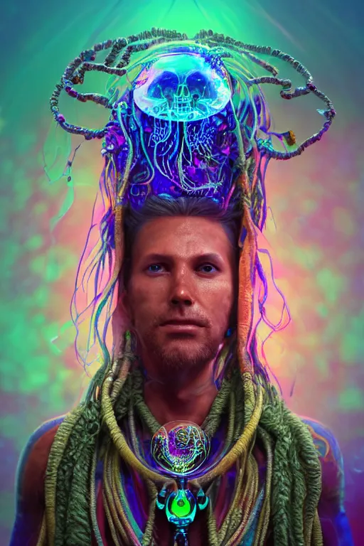 Image similar to full body psychedelic shaman with trinket necklace, epic angle and pose, symmetrical artwork, 3d with depth of field, blurred background, cybernetic jellyfish robotic face skull ayahuasca, translucent, fungus, energy flows of water and fire. a highly detailed epic cinematic concept art CG render. made in Maya, Blender and Photoshop, octane render, excellent composition, cinematic dystopian brutalist atmosphere, dynamic dramatic cinematic lighting, aesthetic, very inspirational, arthouse, Greg Rutkowski, Ilya Kuvshinov, WLOP, Stanley Artgerm Lau, Ruan Jia and Fenghua Zhong