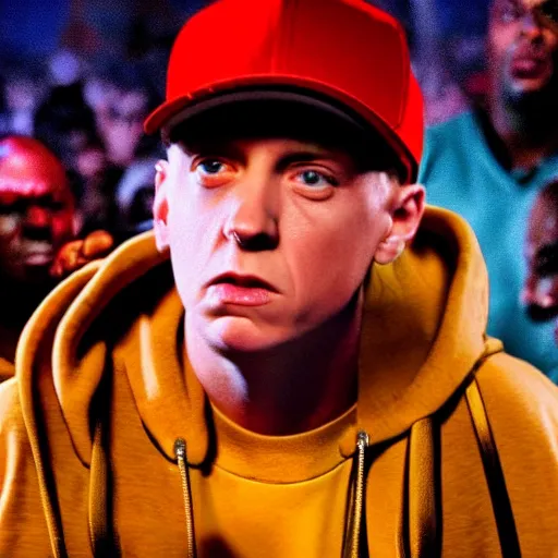 Image similar to still of an award - winning movie of eminem in a rap battle against a chocolate m & m, hyperdetailed, hdr, studio lighting, studio quality effects, epic!!!!!!