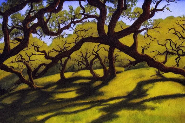 Prompt: masterpiece painting of oak trees on a hillside overlooking a creek, dramatic lighting, by kelly freas