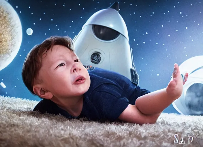 Image similar to toddler elon musk lying on a shaggy rug playing with his space rockets, realistic, beautiful soft lighting, istvan sandorfi