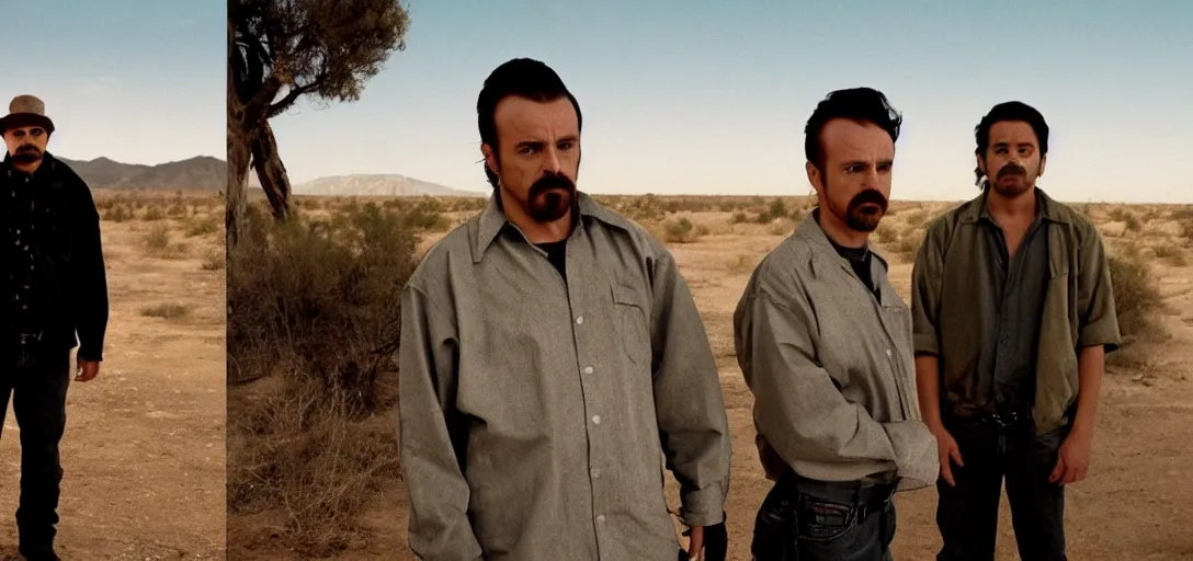 Image similar to mexican walter white and mexican jesse pinkman, cinematic lens, full shot, film still